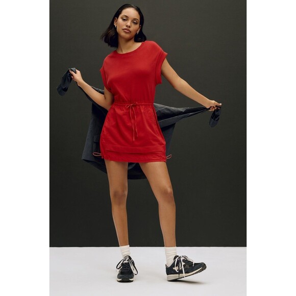 Daily Practice by Anthropologie Short-Sleeve Mini Dress Ribbed Red Tie S 278702 - Picture 1 of 13